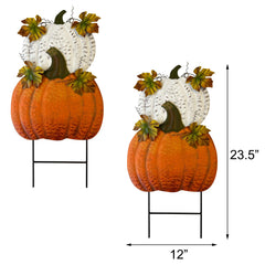 Set of 2 metal pumpkin yard stakes with vintage leaves