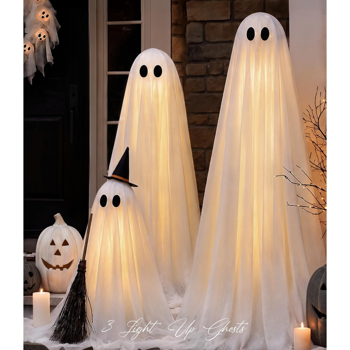 Set of 3 ORIENTAL CHERRY Halloween ghosts in white with adjustable heights
