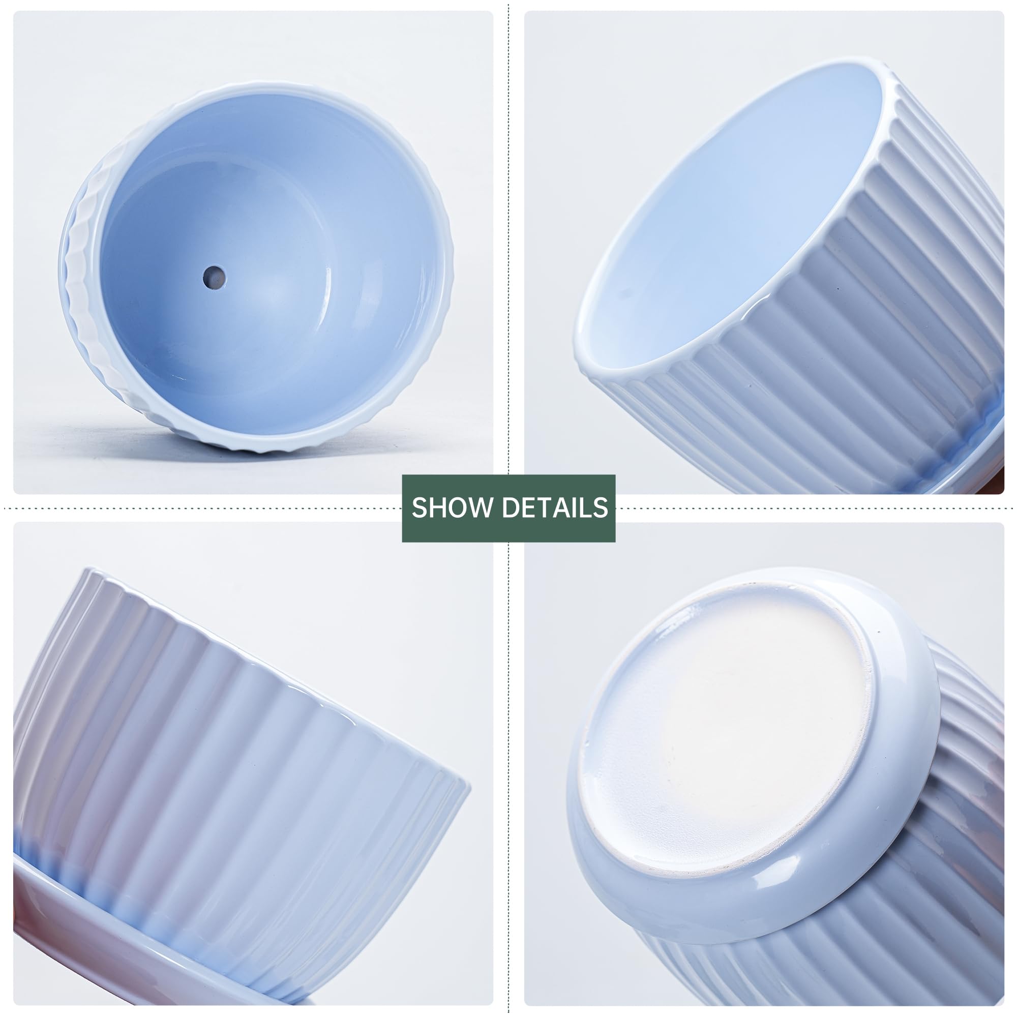 Set of 3 Ton Sin Sky Blue Ceramic Flower Pots with saucers
