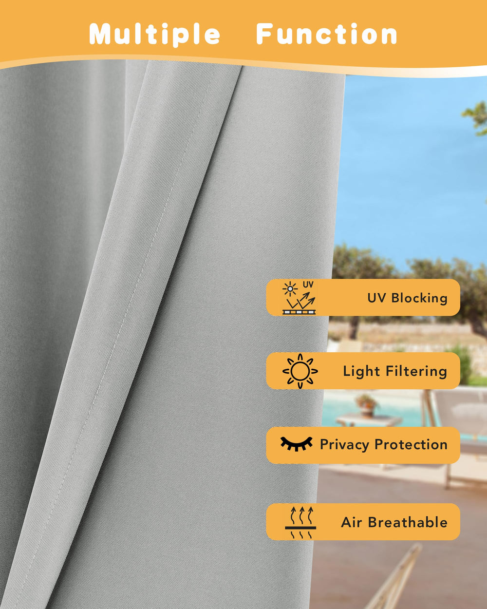 Set of 4 HolidayIdeas outdoor curtains hanging on a patio