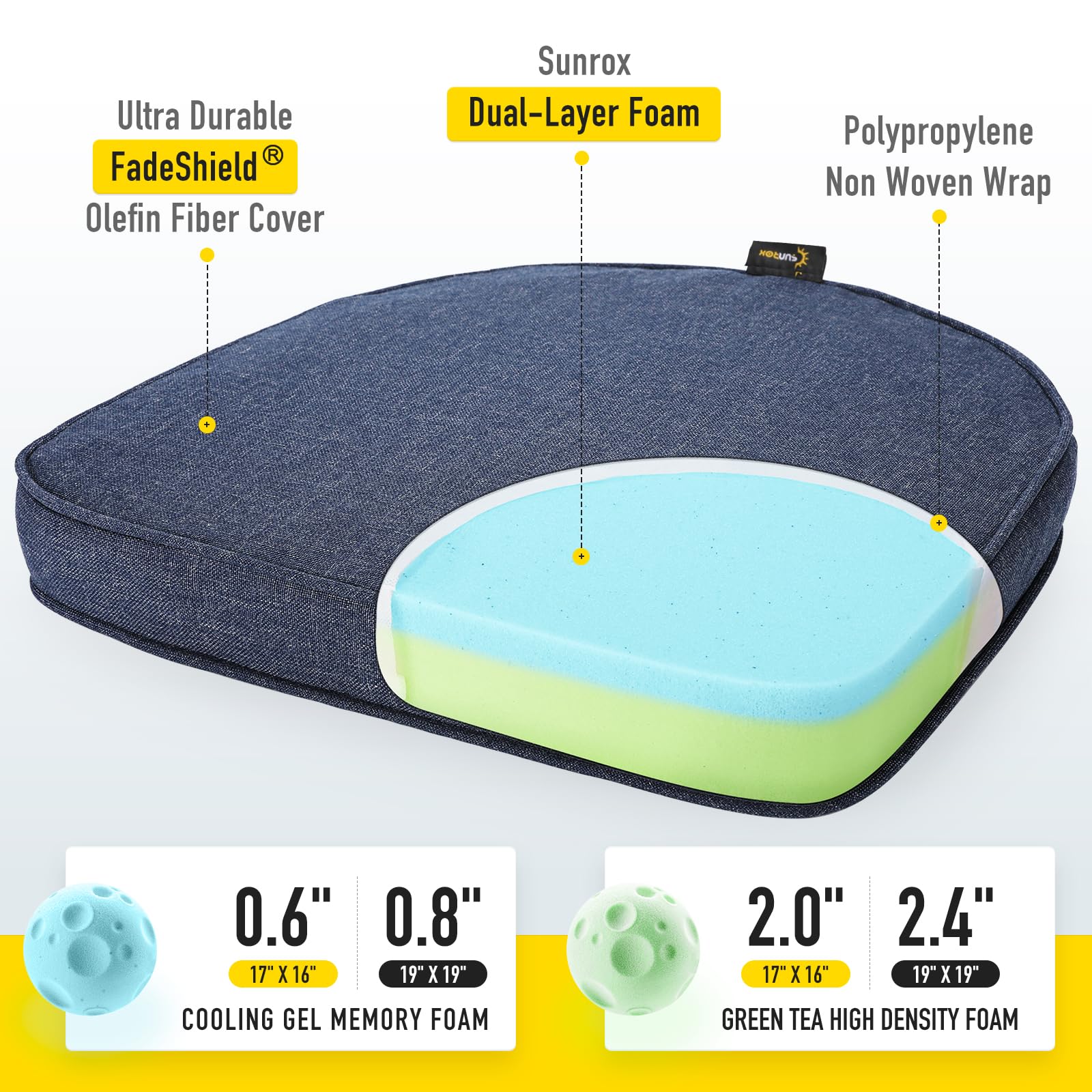 Set of 4 SUNROX Gel Memory Foam Chair Cushions stacked