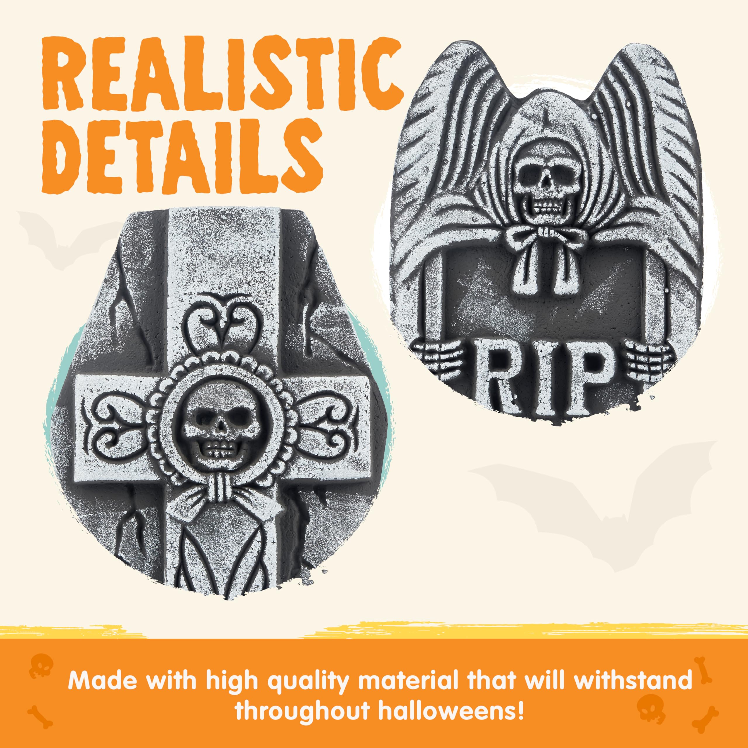 Set of 5 Halloween tombstones on display in a yard