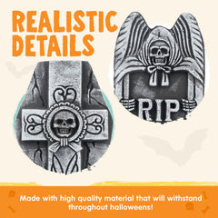 Set of 5 Halloween tombstones on display in a yard