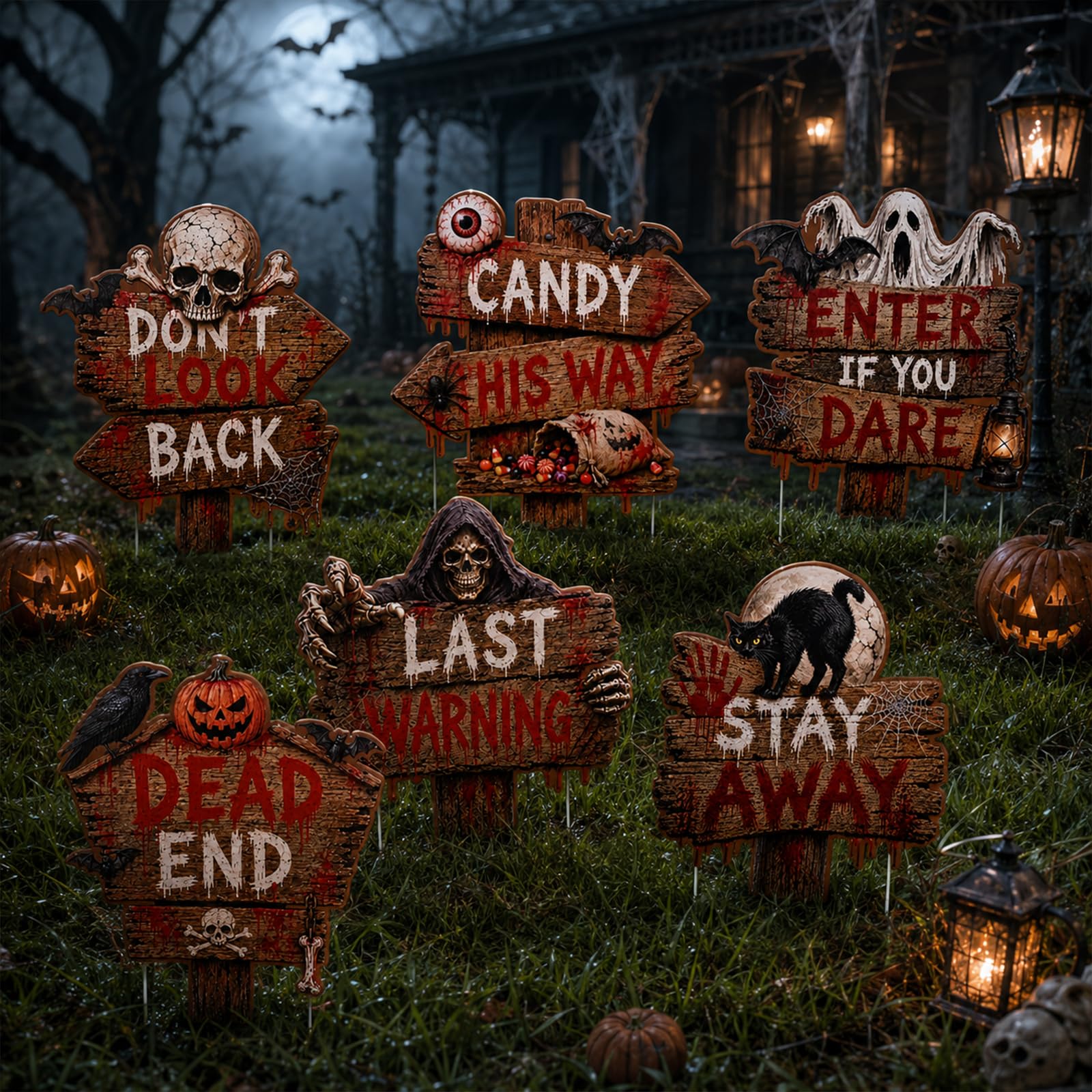 Set of 6 Halloween warning yard signs in red and brown