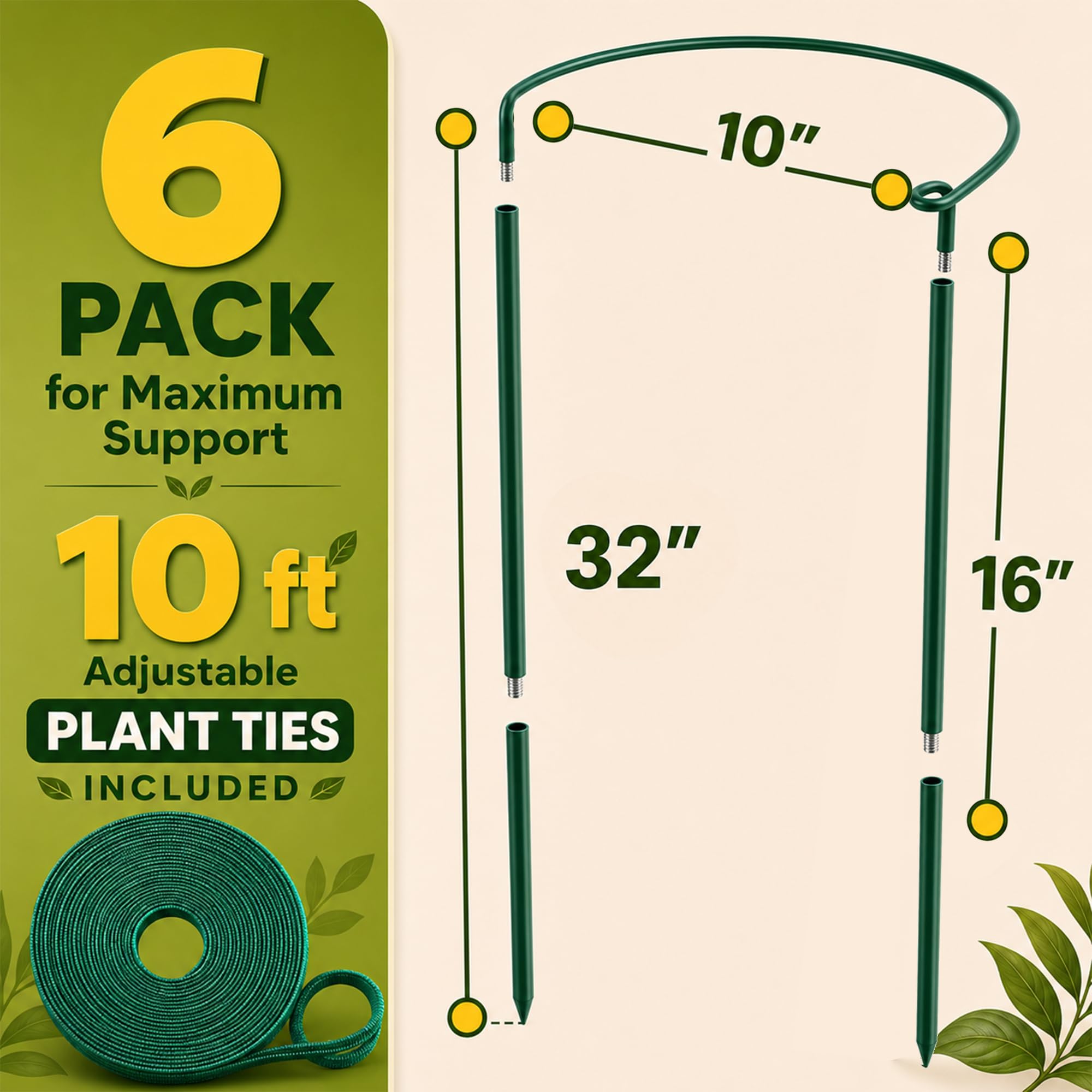 Set of 6 plant support stakes in green color