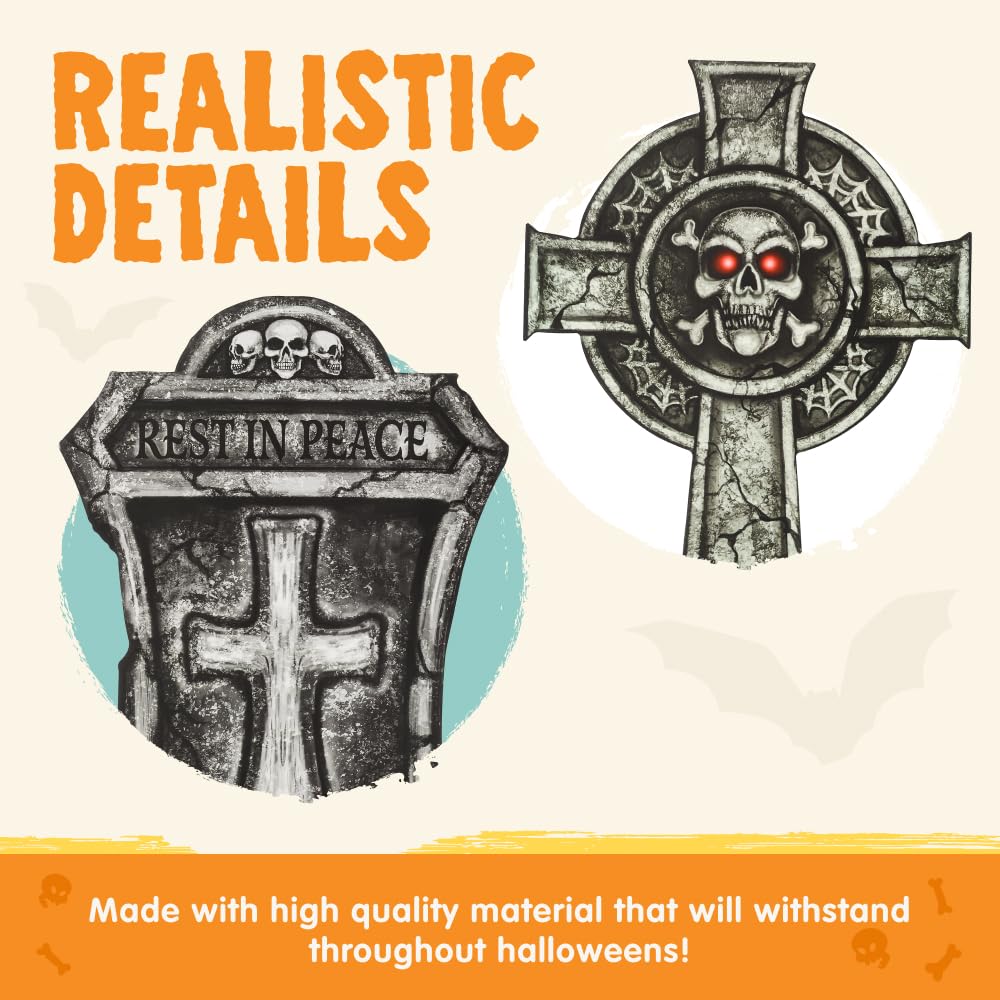 Set of 9 JOYIN Halloween tombstones in outdoor setting