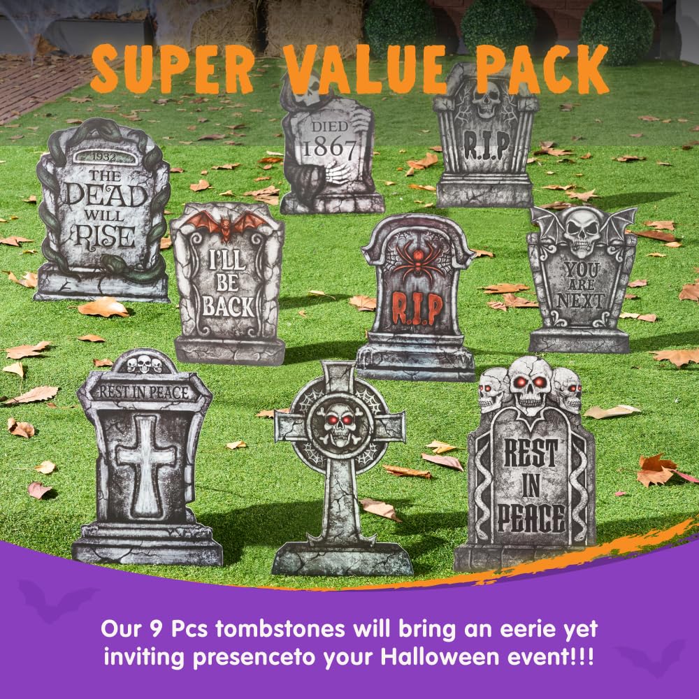 Set of 9 JOYIN tombstones with spooky Halloween decorations