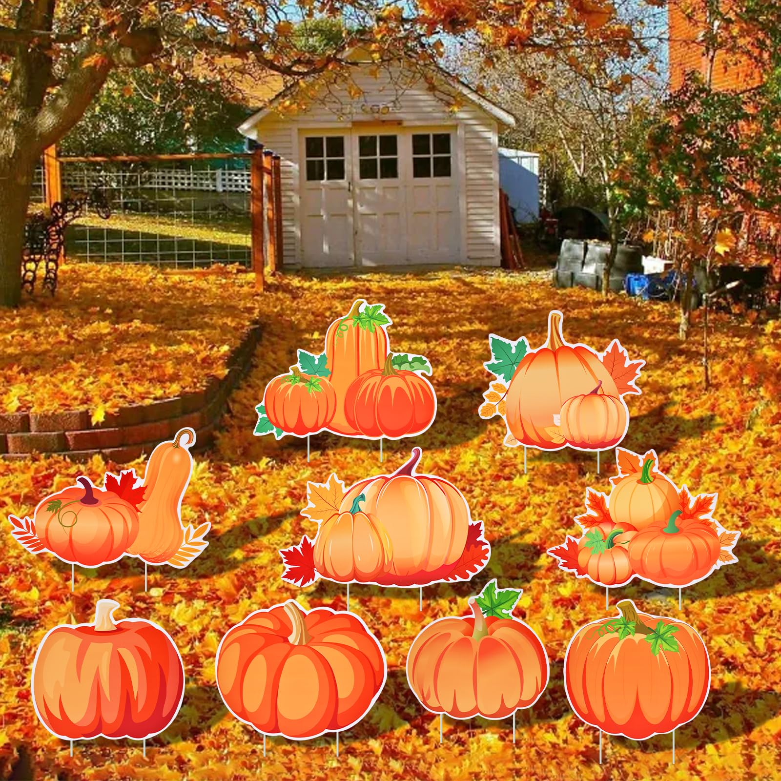 Set of 9 pumpkin yard signs laid out with stakes