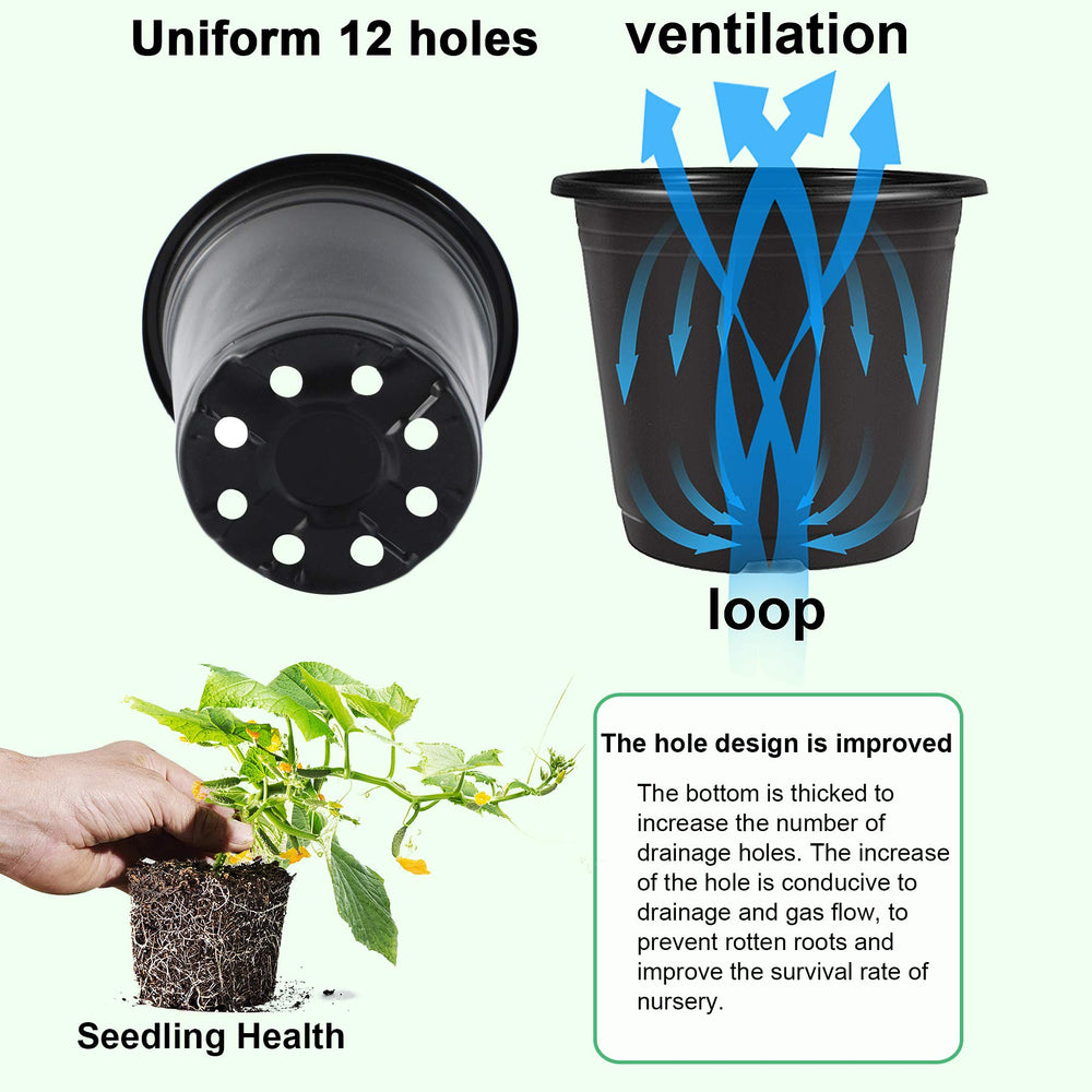 Set of Augshy black plastic nursery pots in a garden setting