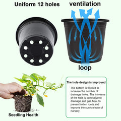 Set of Augshy black plastic nursery pots in a garden setting