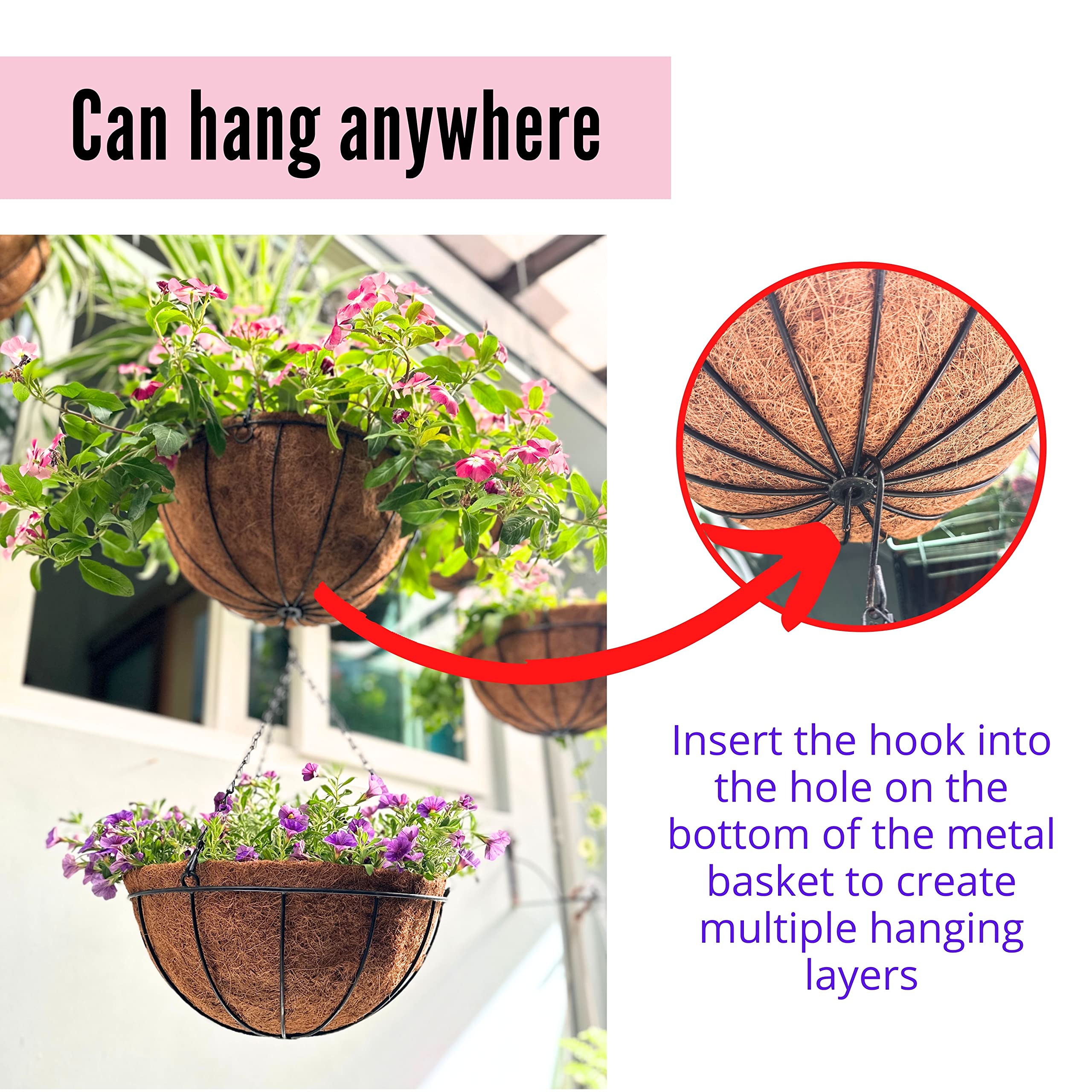 Set of four LáLáGreen hanging baskets on a porch