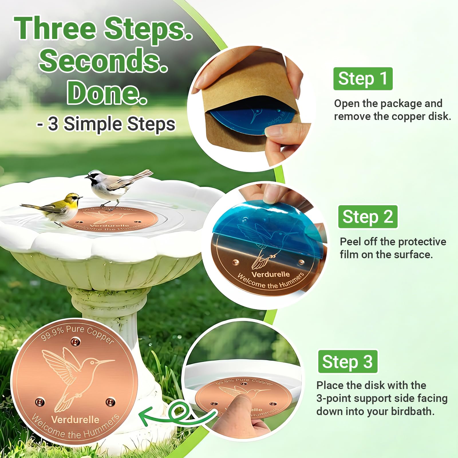 Set of four Verdurelle copper bird bath discs with engraved designs