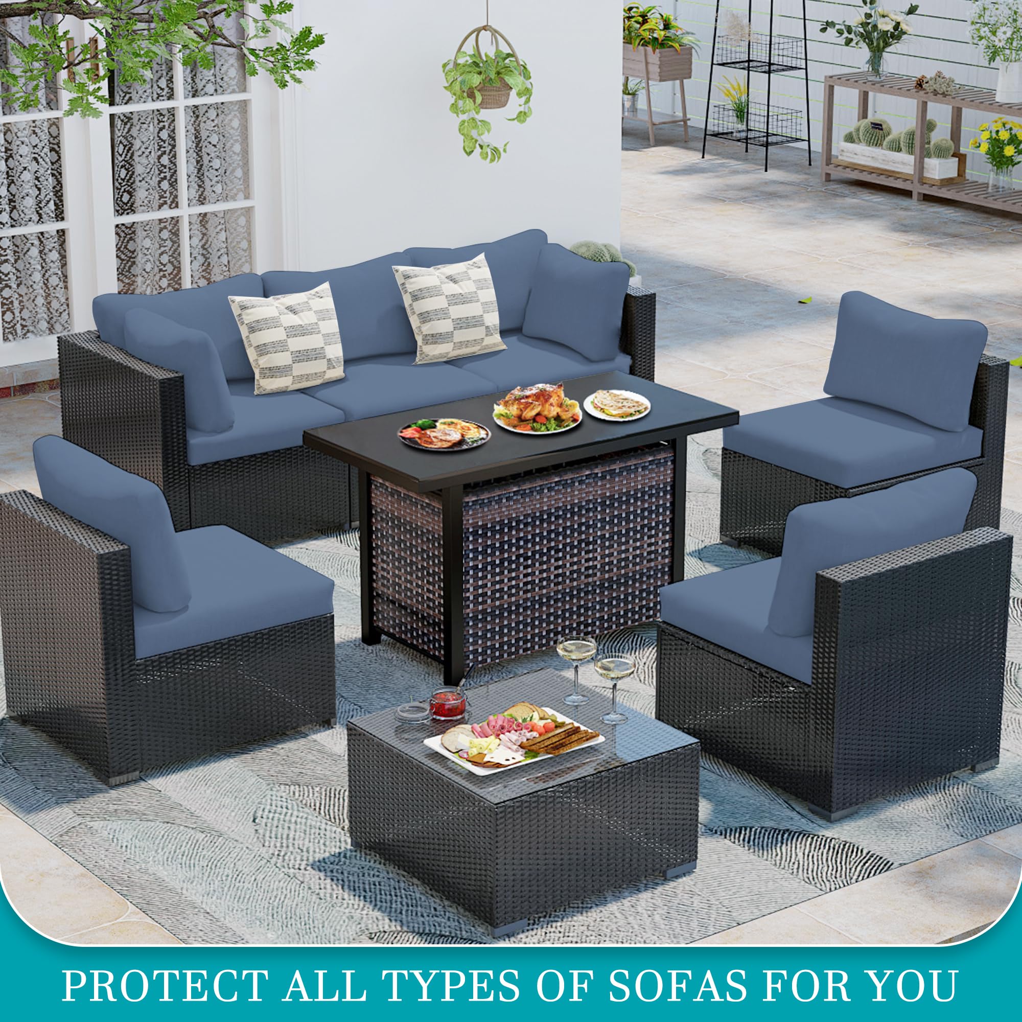 Set of grey blue outdoor cushion covers on garden chair