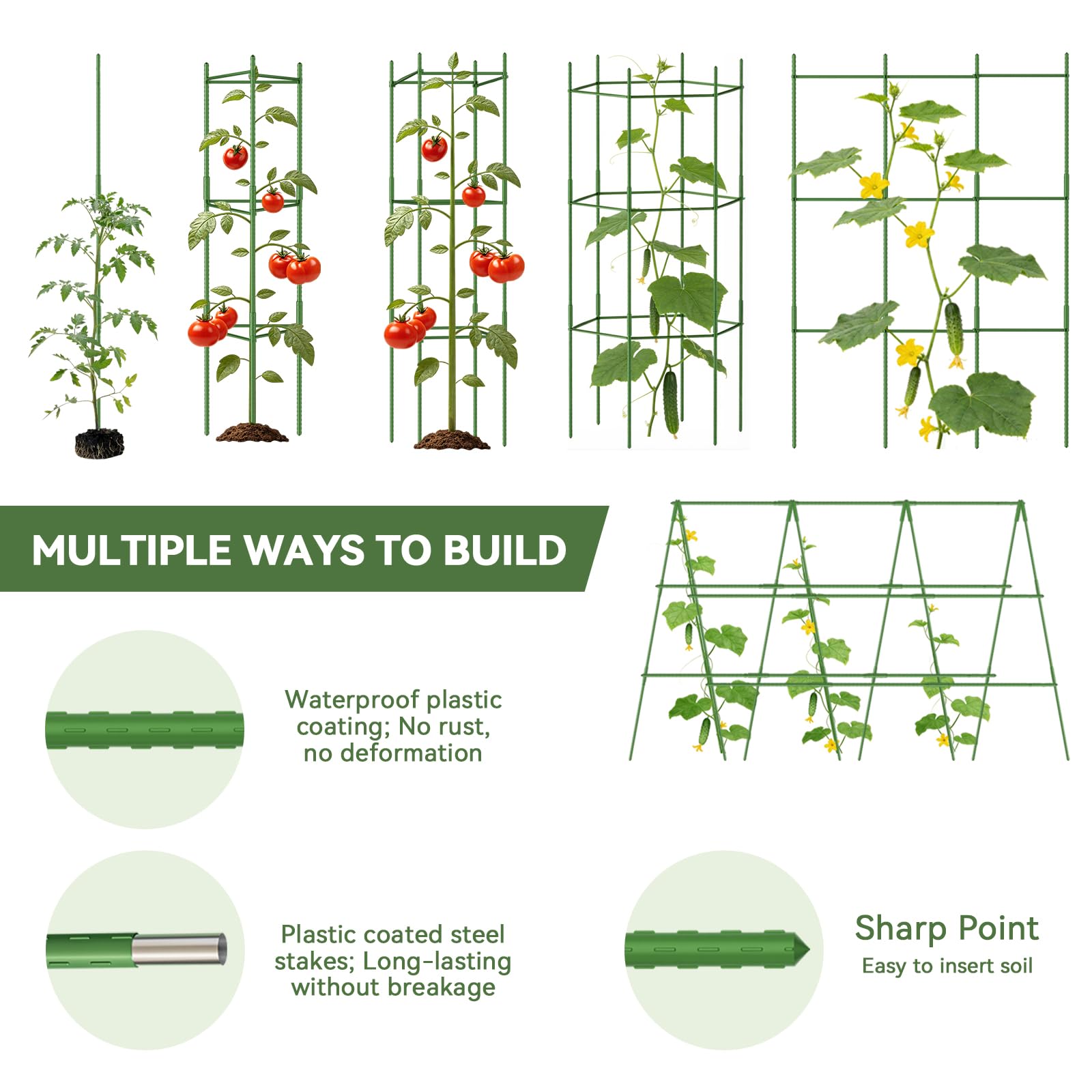 Set of Halatool tomato cages arranged in a garden