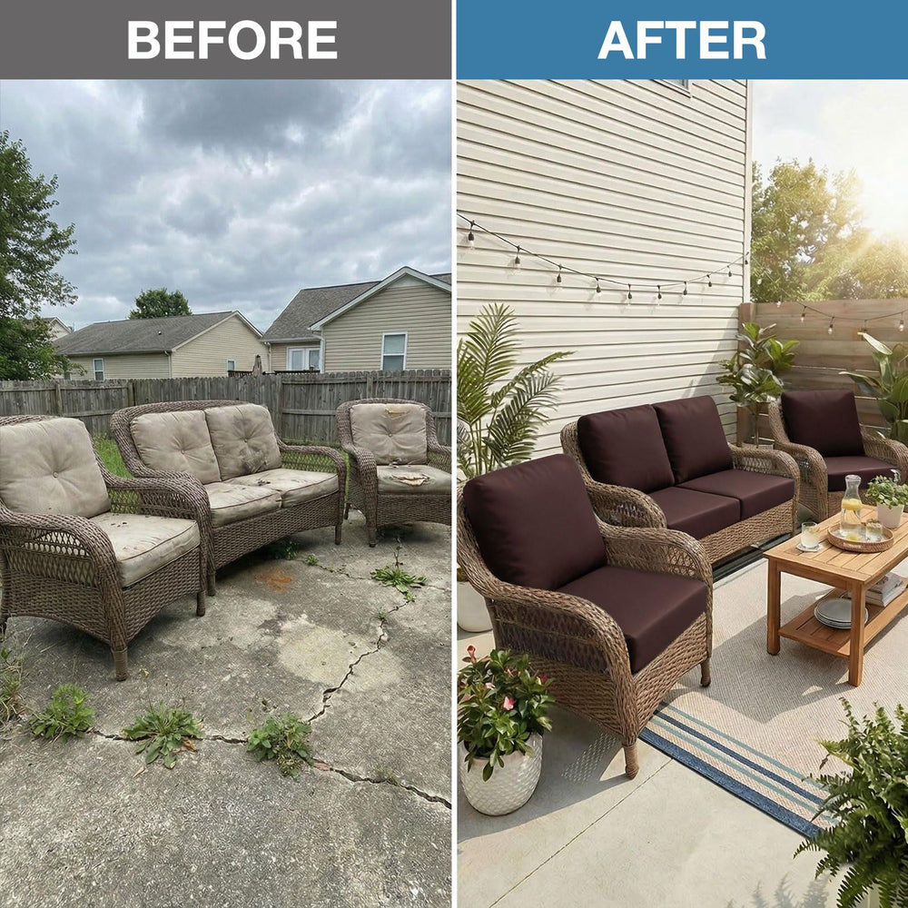 Set of hyha cushion covers displayed on a patio furniture
