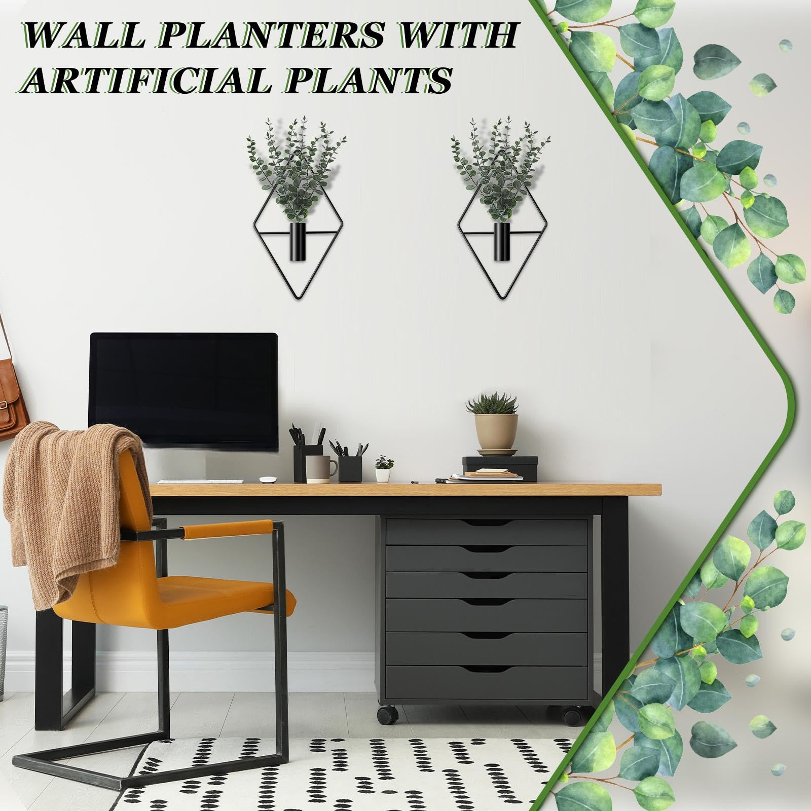 Set of Jexine black wall planters with artificial plants displayed together