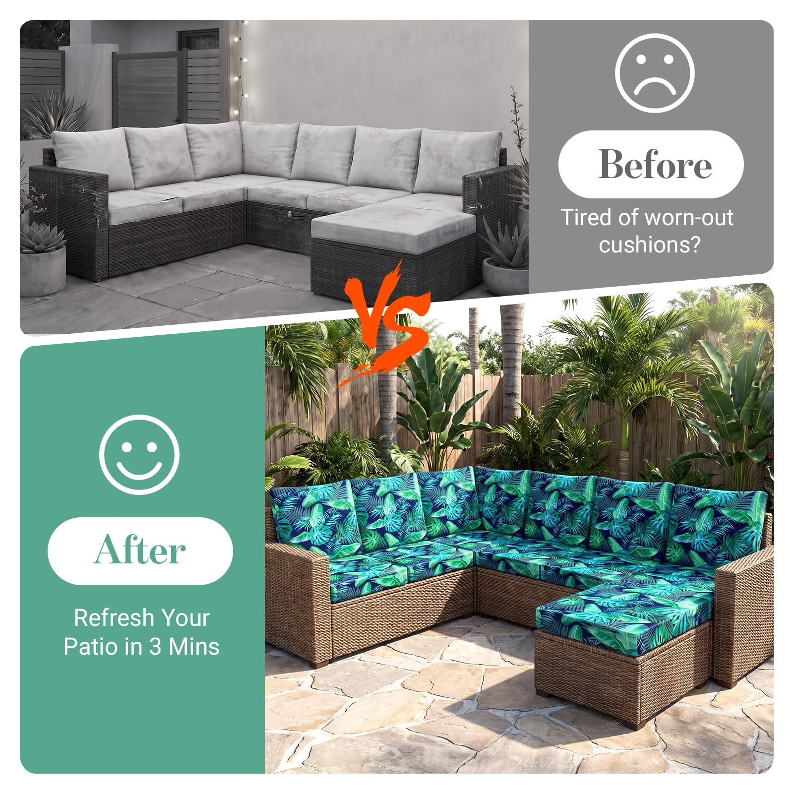 Set of pickyNproud cushion covers in various outdoor settings