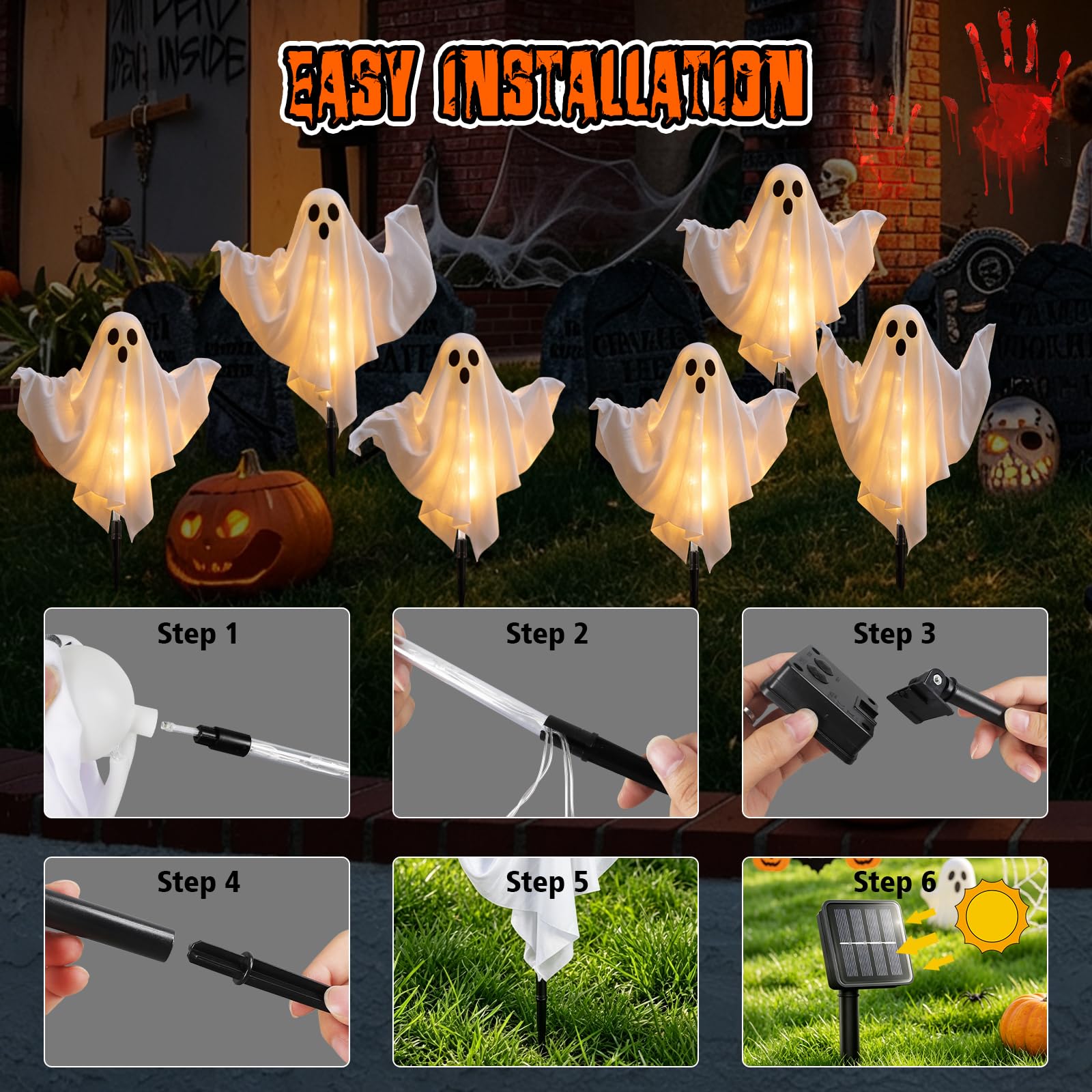 Set of six FairyGlim ghost lights arranged in a garden