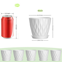 Set of six SQKH 4 Inch Plant Pots on a wooden table