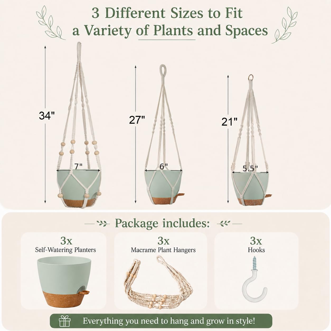 Set of three macramé hanging planters in different sizes