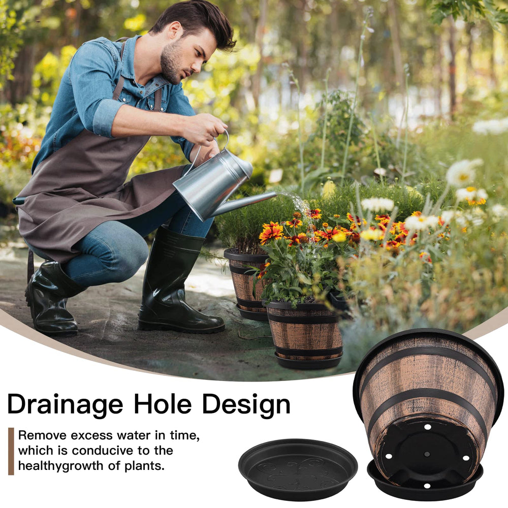 Set of three Quarut 10 Inch Whiskey Barrel Planters in a garden