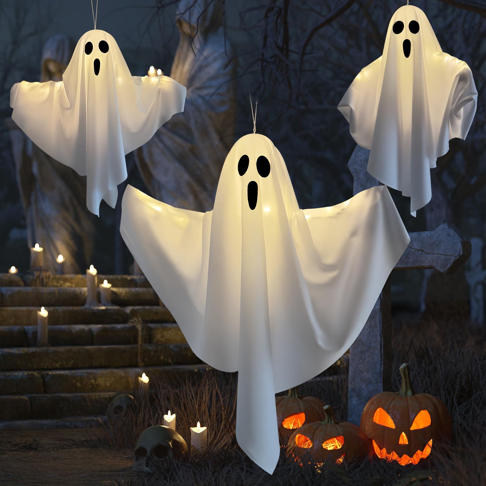 Set of three Xunqee ghost decorations in outdoor setting
