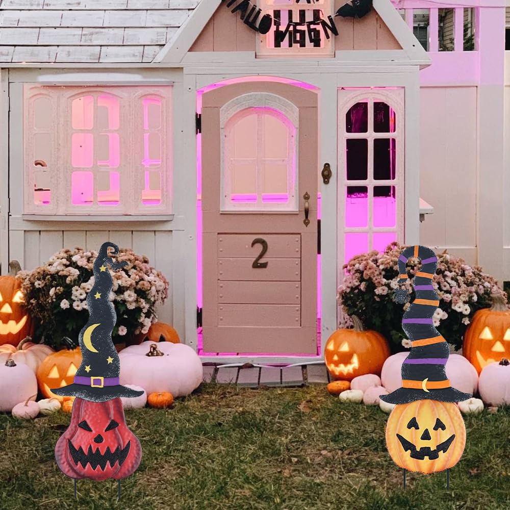 Set of two YEAHOME Halloween Pumpkin Stakes on display