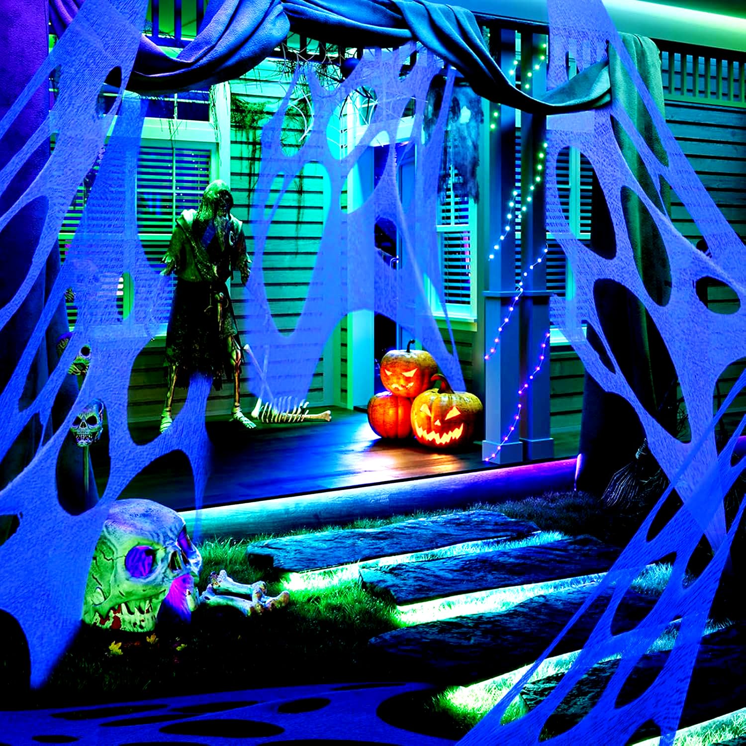 Setup example of giant spider web in a yard
