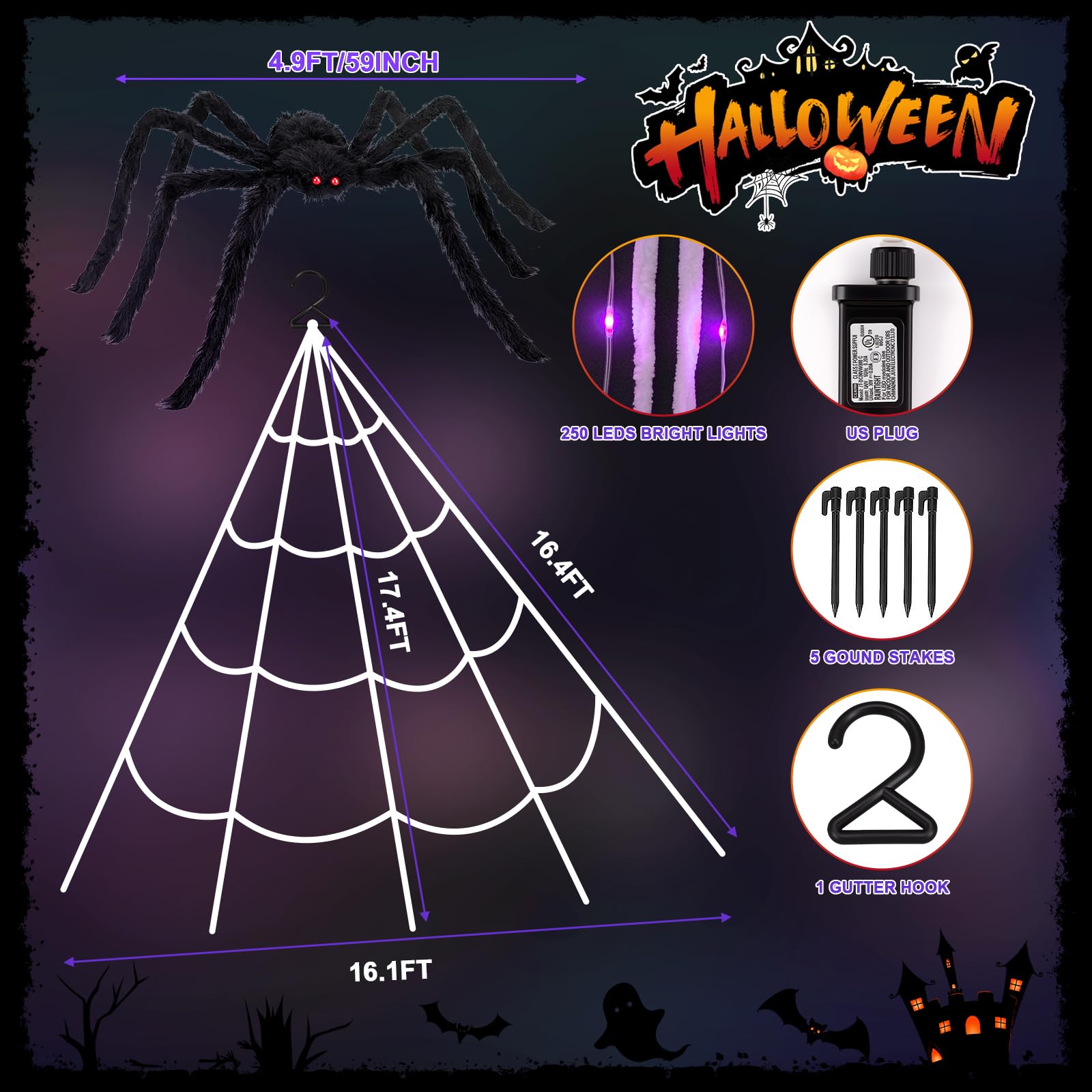 Setup of LED spider web with giant spider in yard