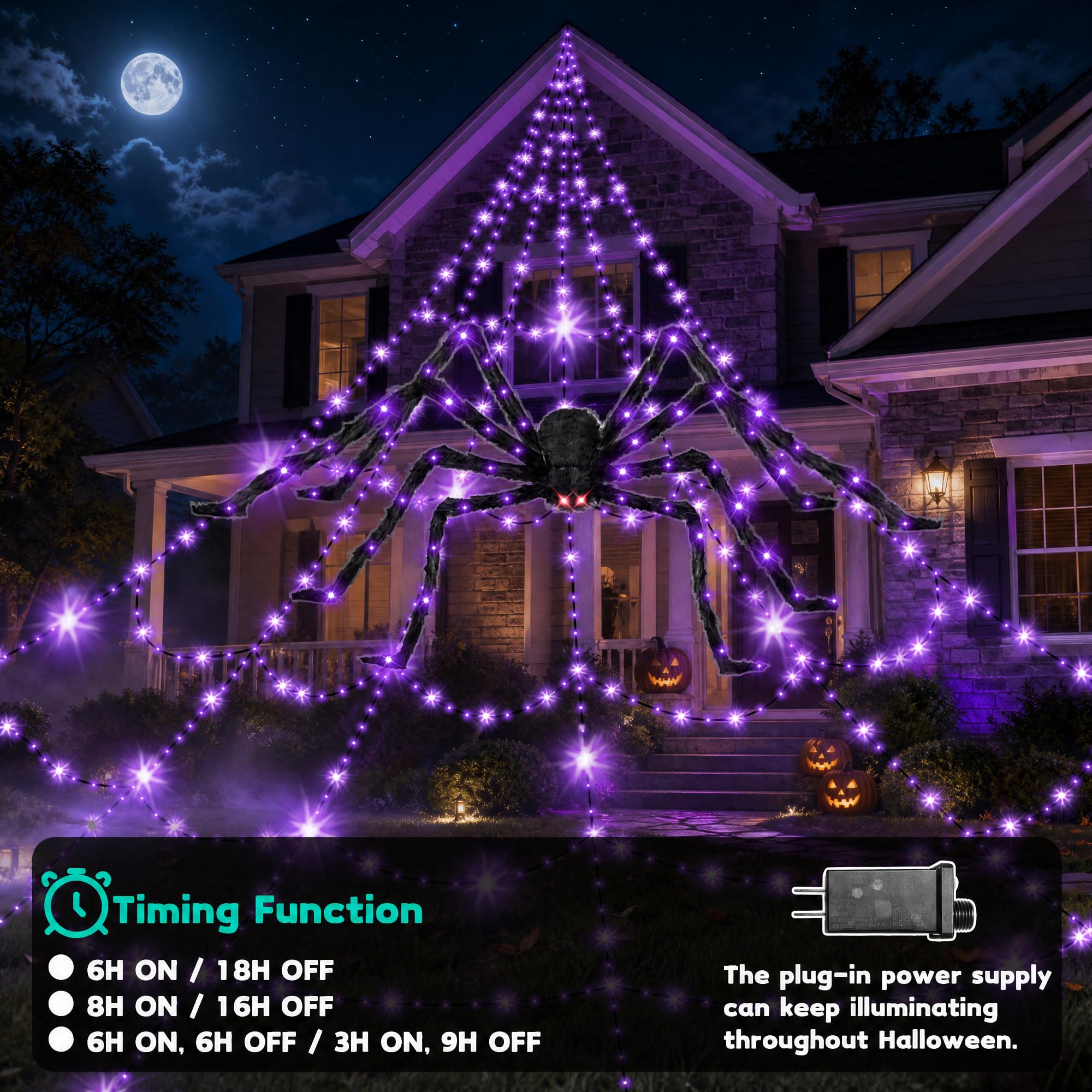 Setup of spider web lights in an outdoor garden setting