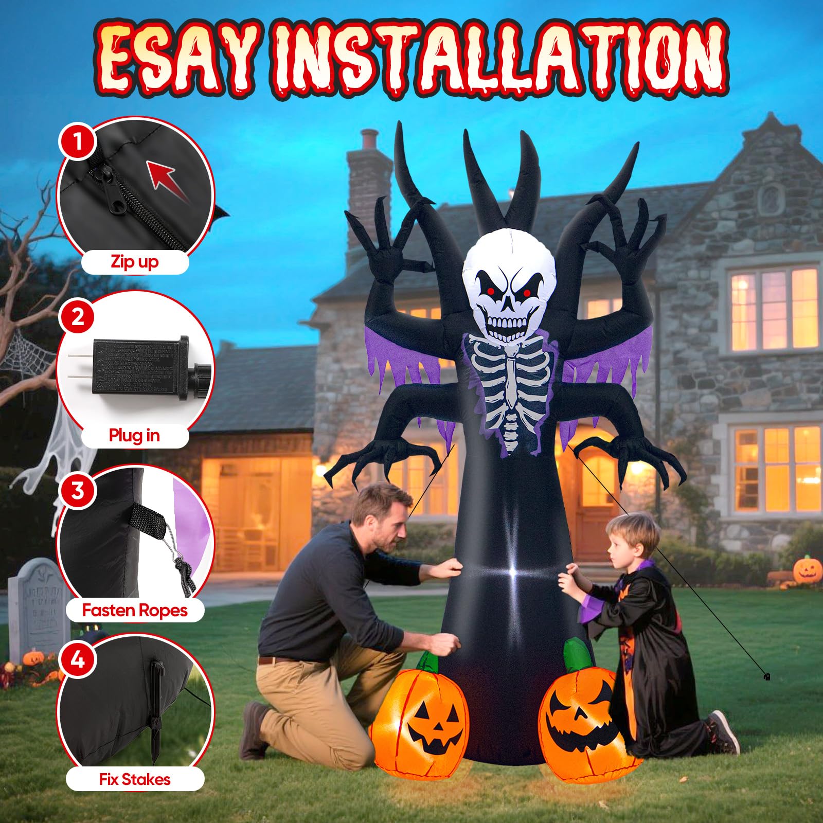 Setup of the 8FT Halloween inflatable skeleton tree in a yard