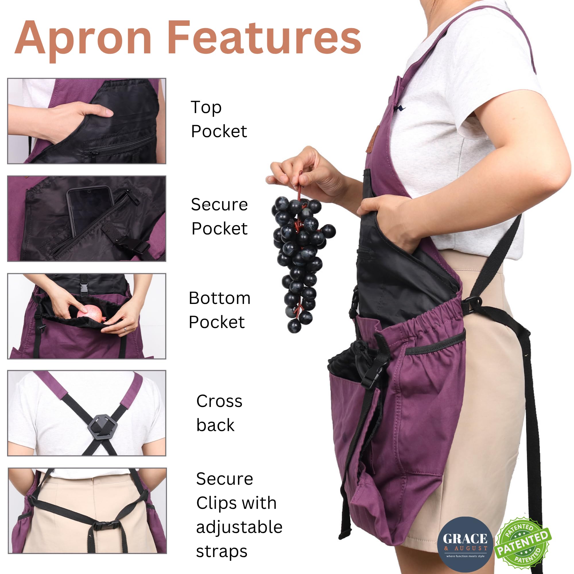 Seven pockets of Grace and August Gardening Apron displayed