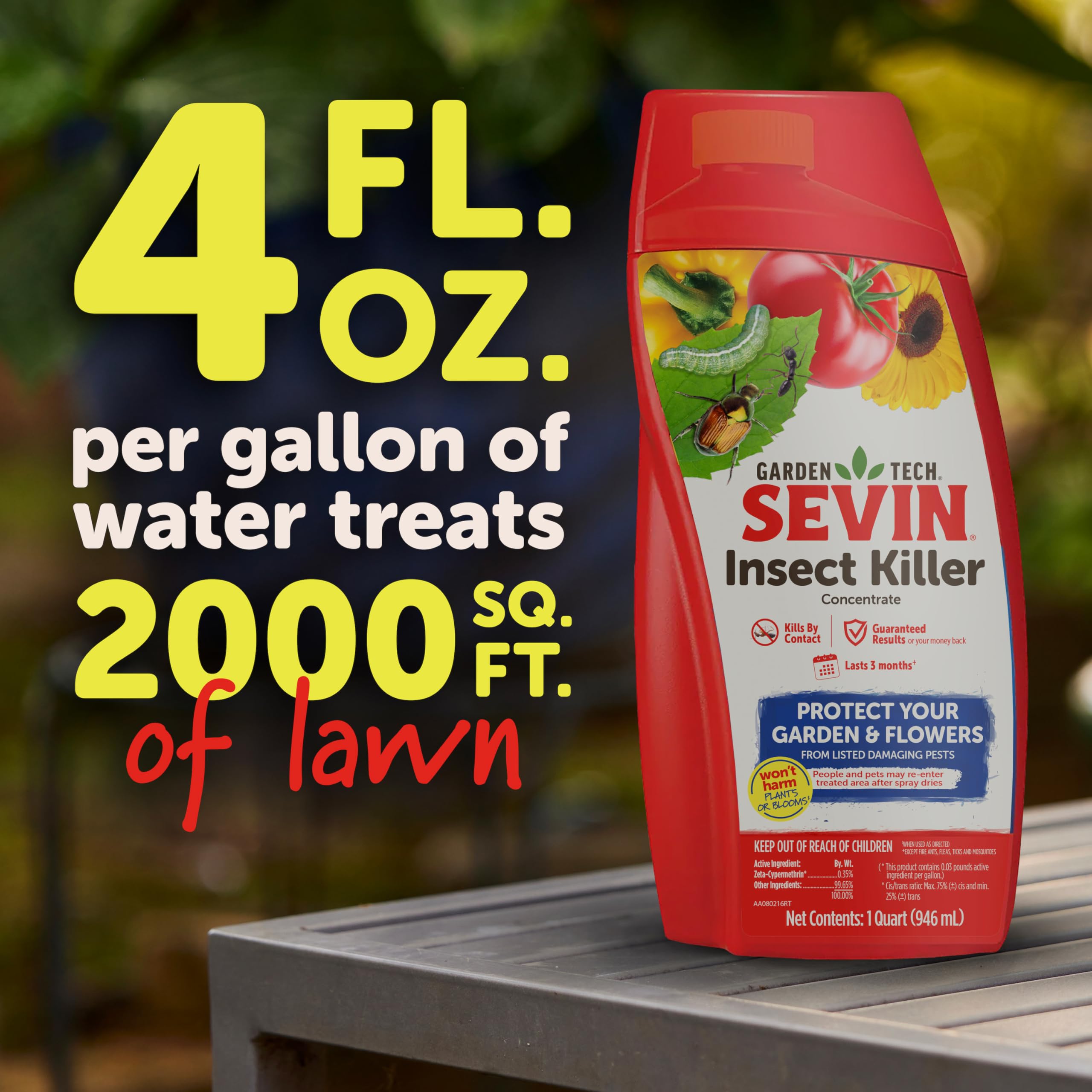 Sevin Insect Killer Concentrate II bottle on a garden table