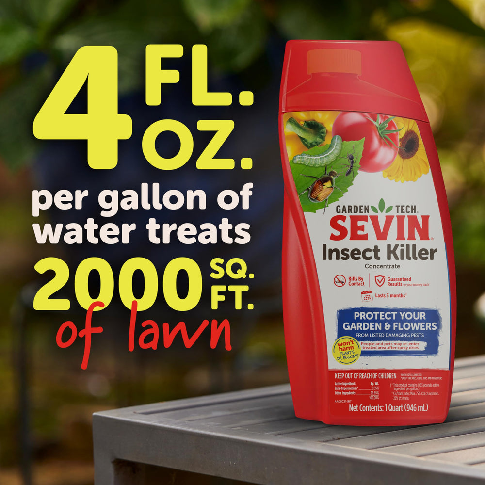 Sevin Insect Killer Concentrate II bottle on a garden table