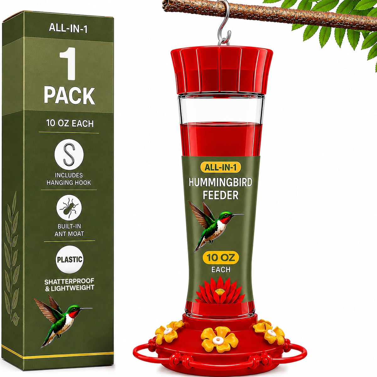 SEWANTA 10 oz hummingbird feeder front view with flower-shaped ports