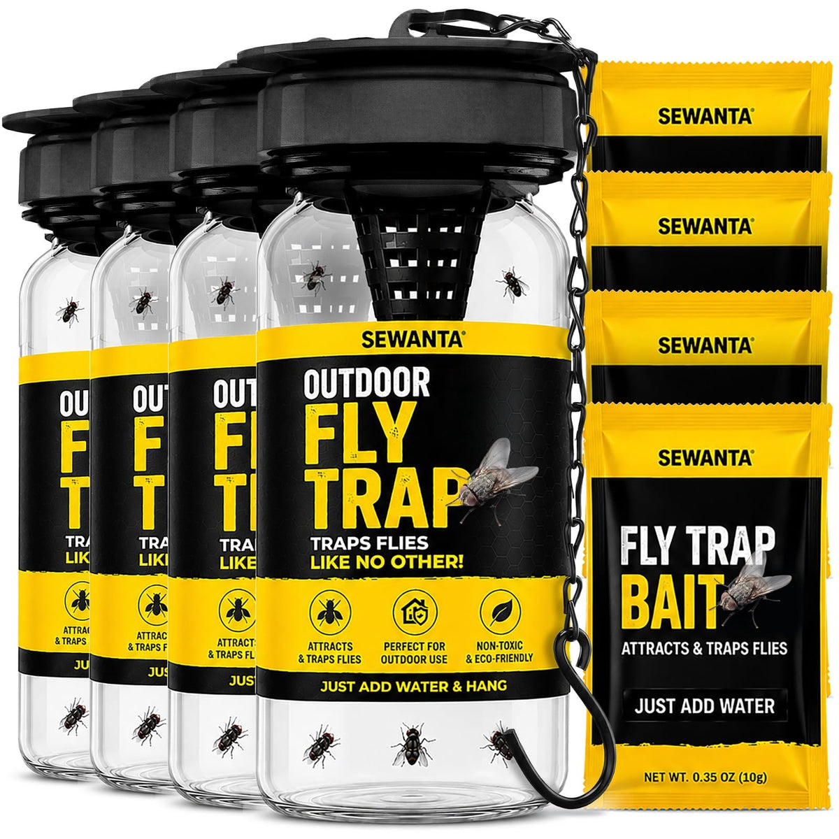SEWANTA Outdoor Fly Trap 4 Pack clear plastic traps with bait