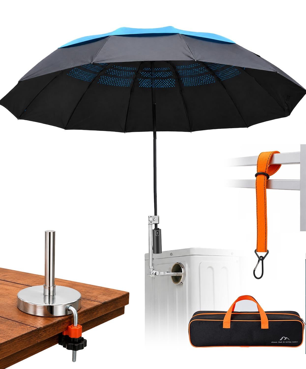 Sexlieu 60-inch outdoor work umbrella with magnetic base and clamp side view