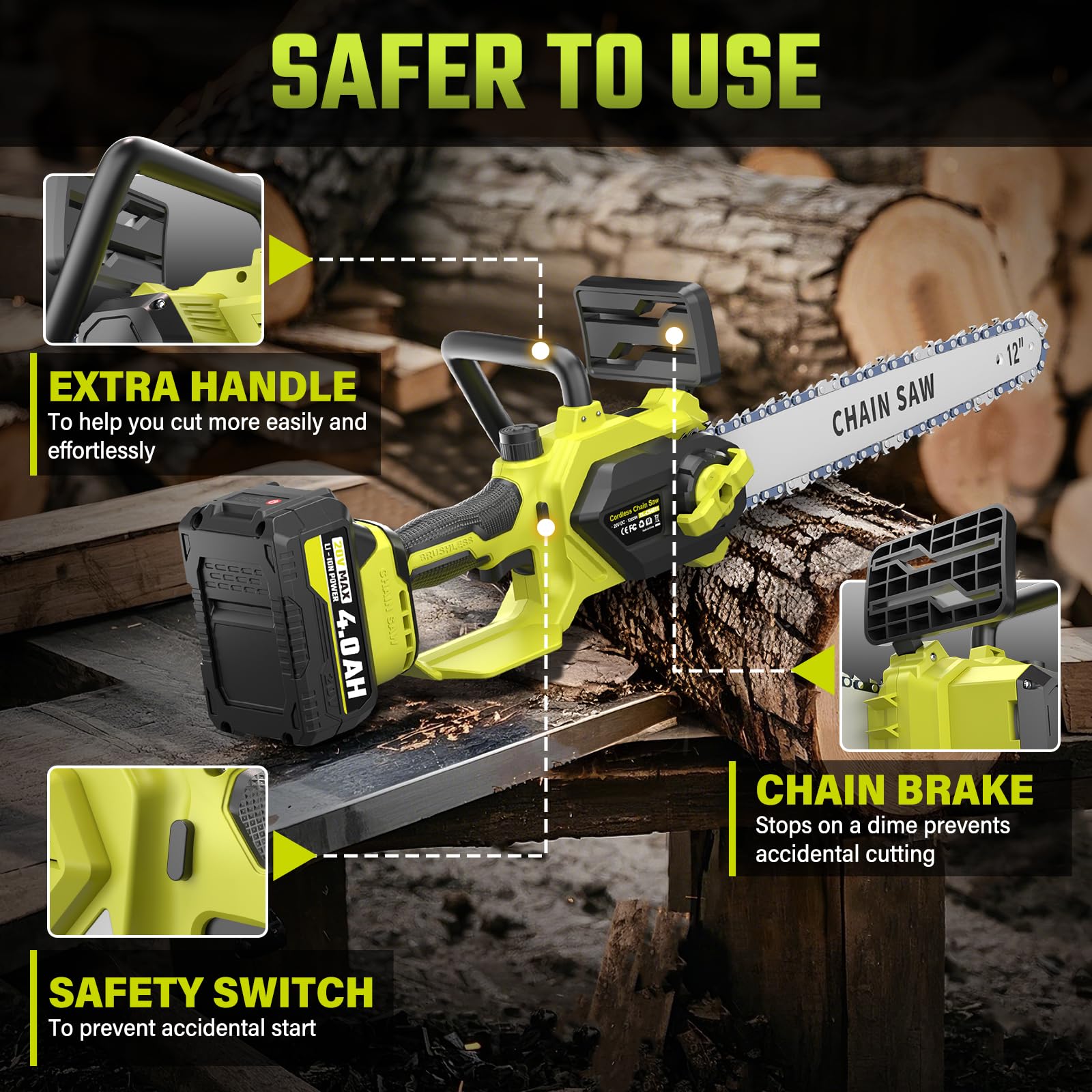SEYVUM 12 inch chainsaw with two batteries