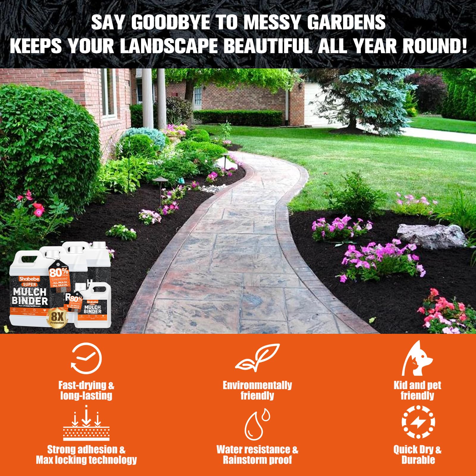 Shabebe Mulch Bond applied to mulch in garden