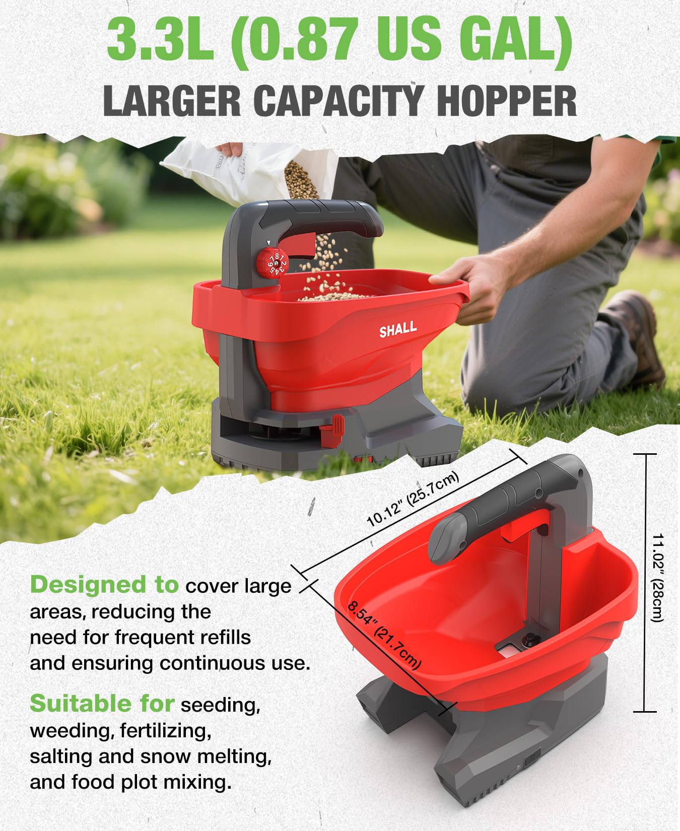 SHALL Battery Powered Spreader in use on lawn