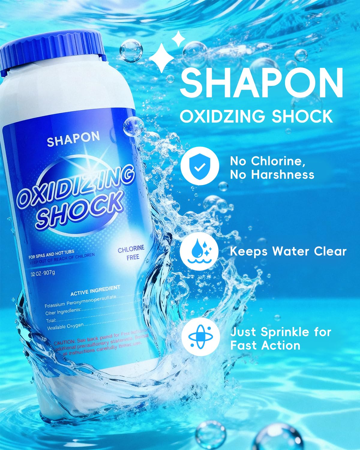 SHAPON Non-Chlorine Hot Tub Shock 32 Oz side view