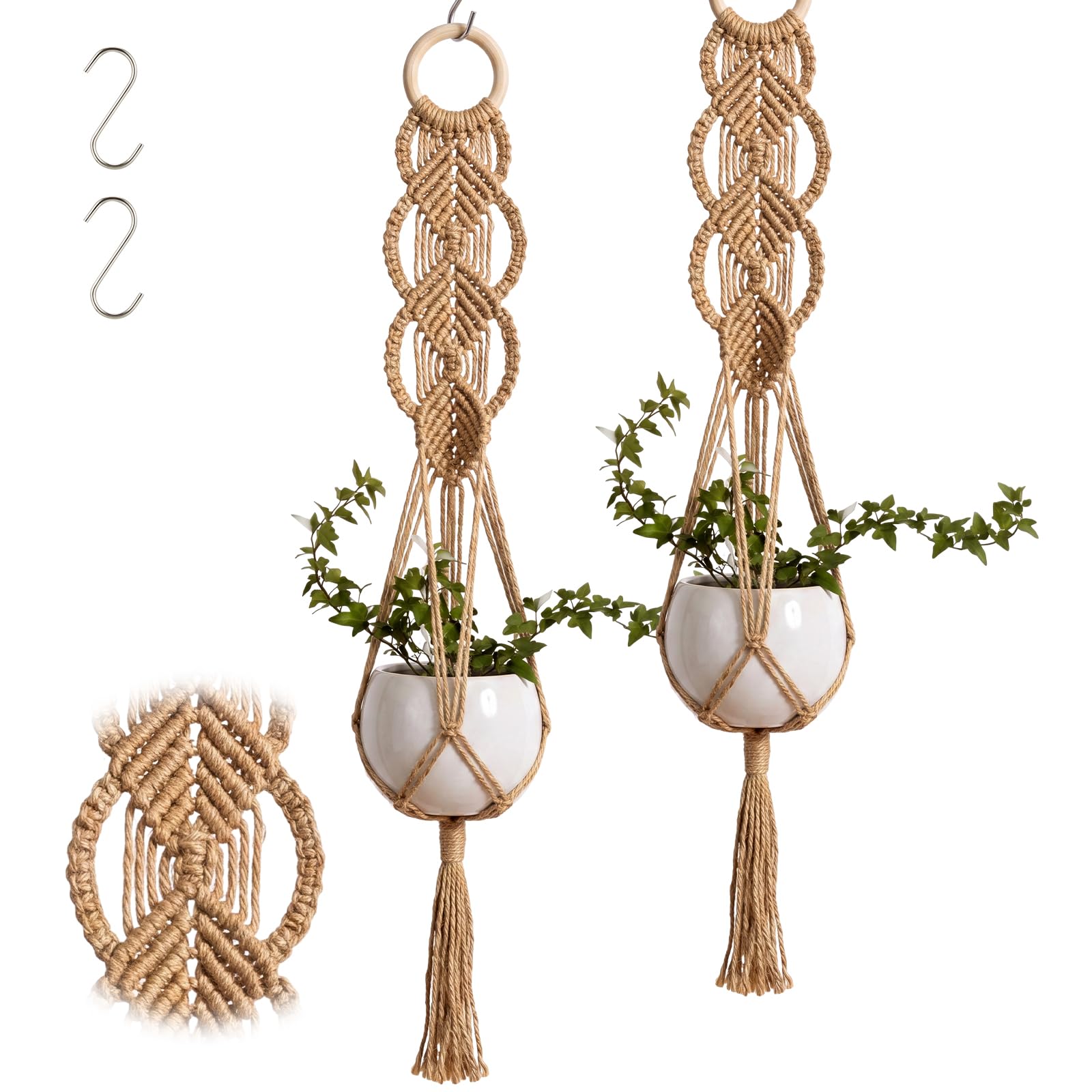Shappy 2 Pack Boho Macrame Plant Hanger front view with hooks
