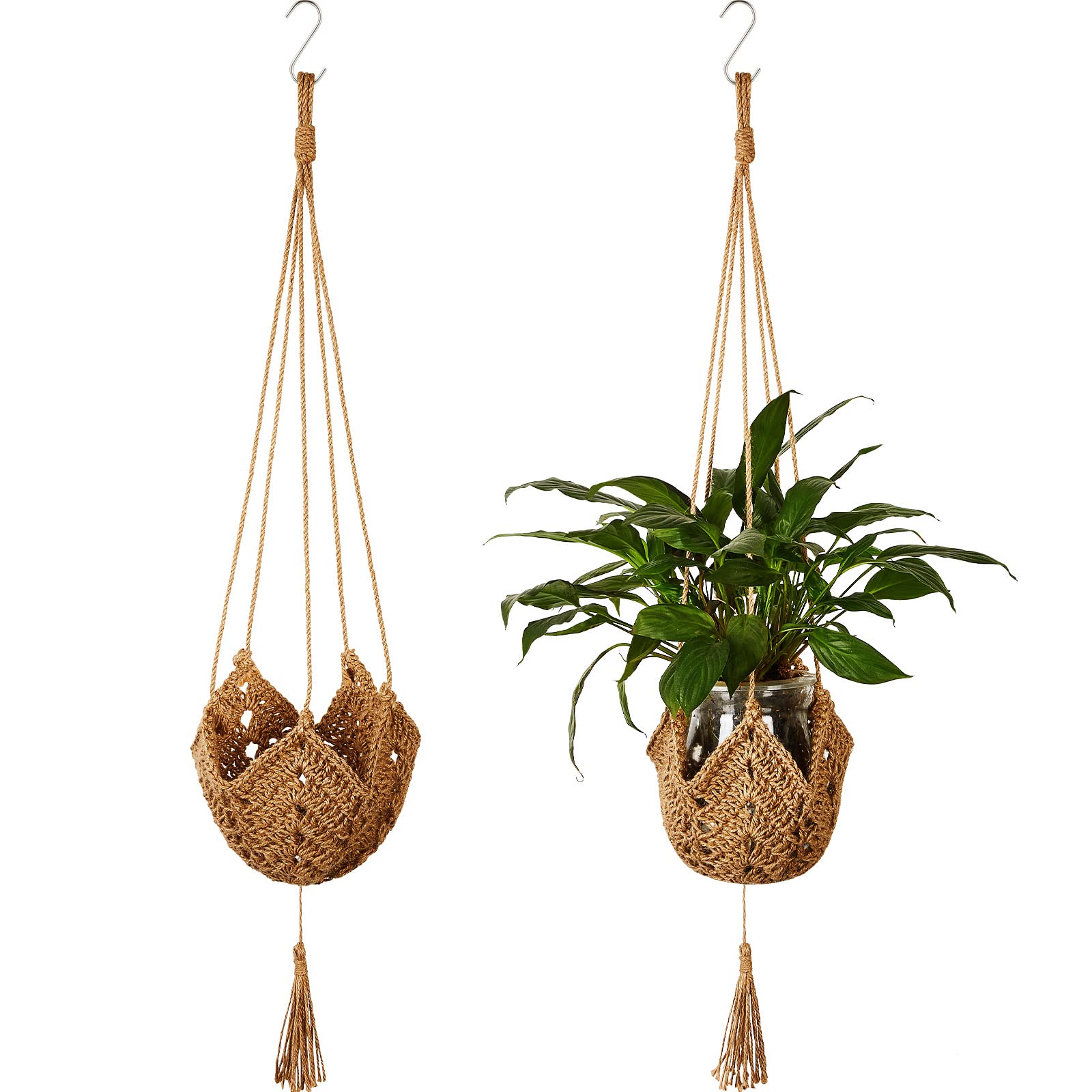 Shappy 2 Pack Boho Macrame Plant Hanger, front view with jute colour