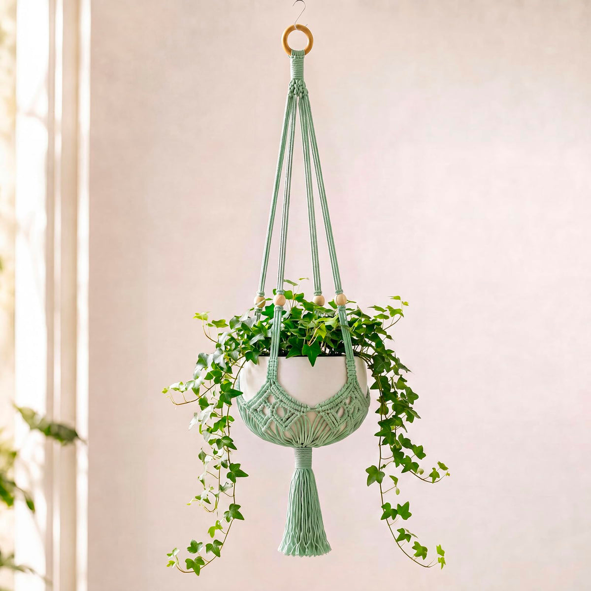 Shappy Boho Macrame Plant Hanger front view in sage green