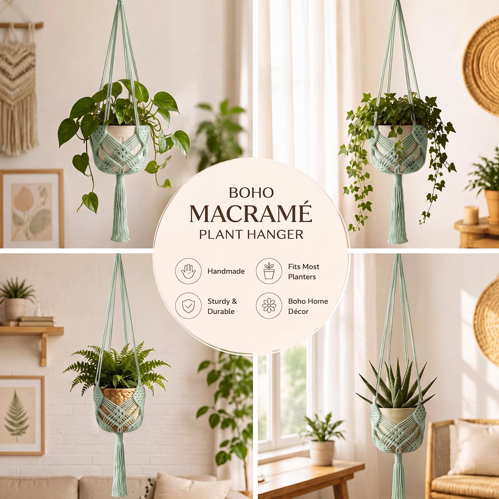 Shappy Boho Macrame Plant Hanger hanging indoors