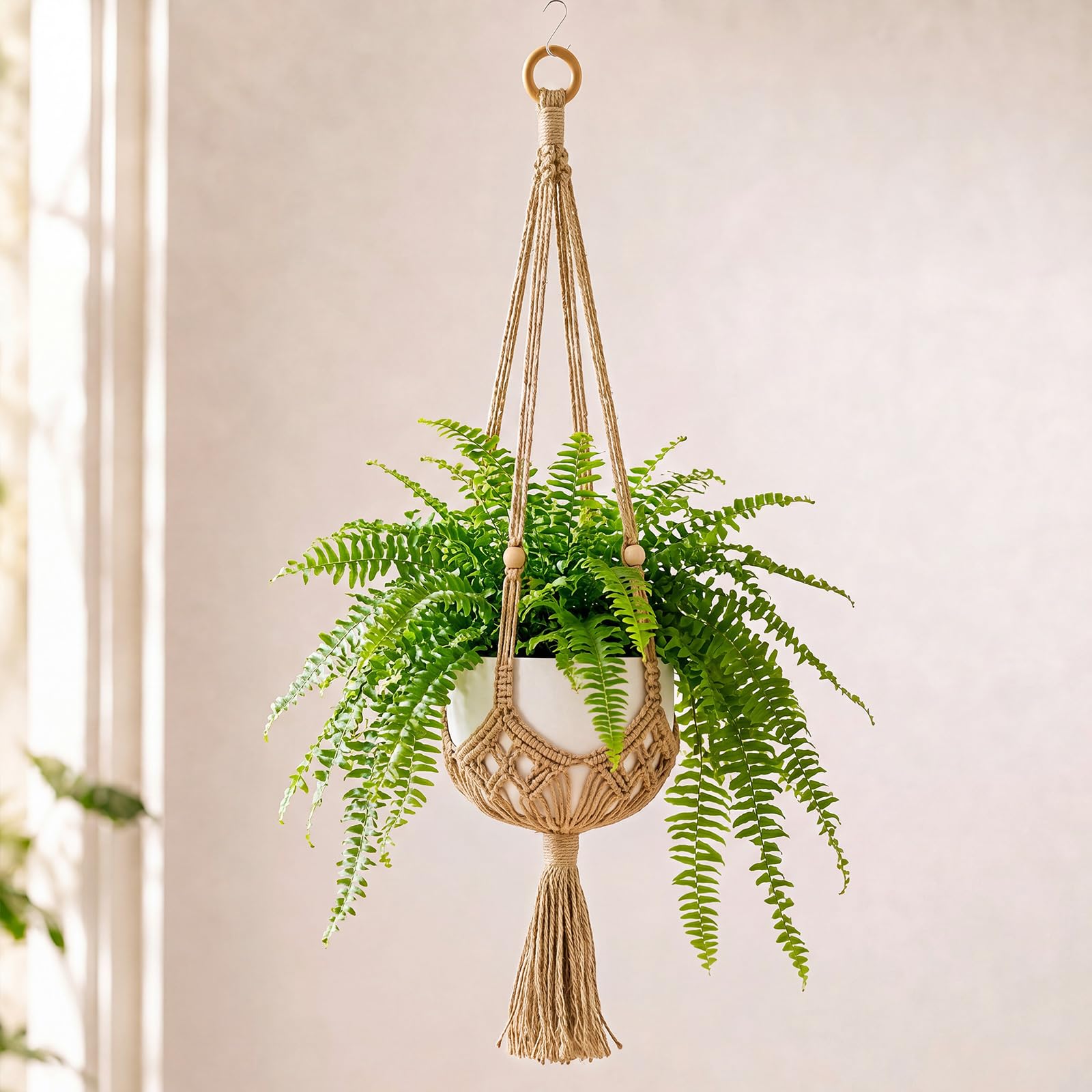 Shappy Boho Macrame Plant Hanger in jute colour with wooden ring