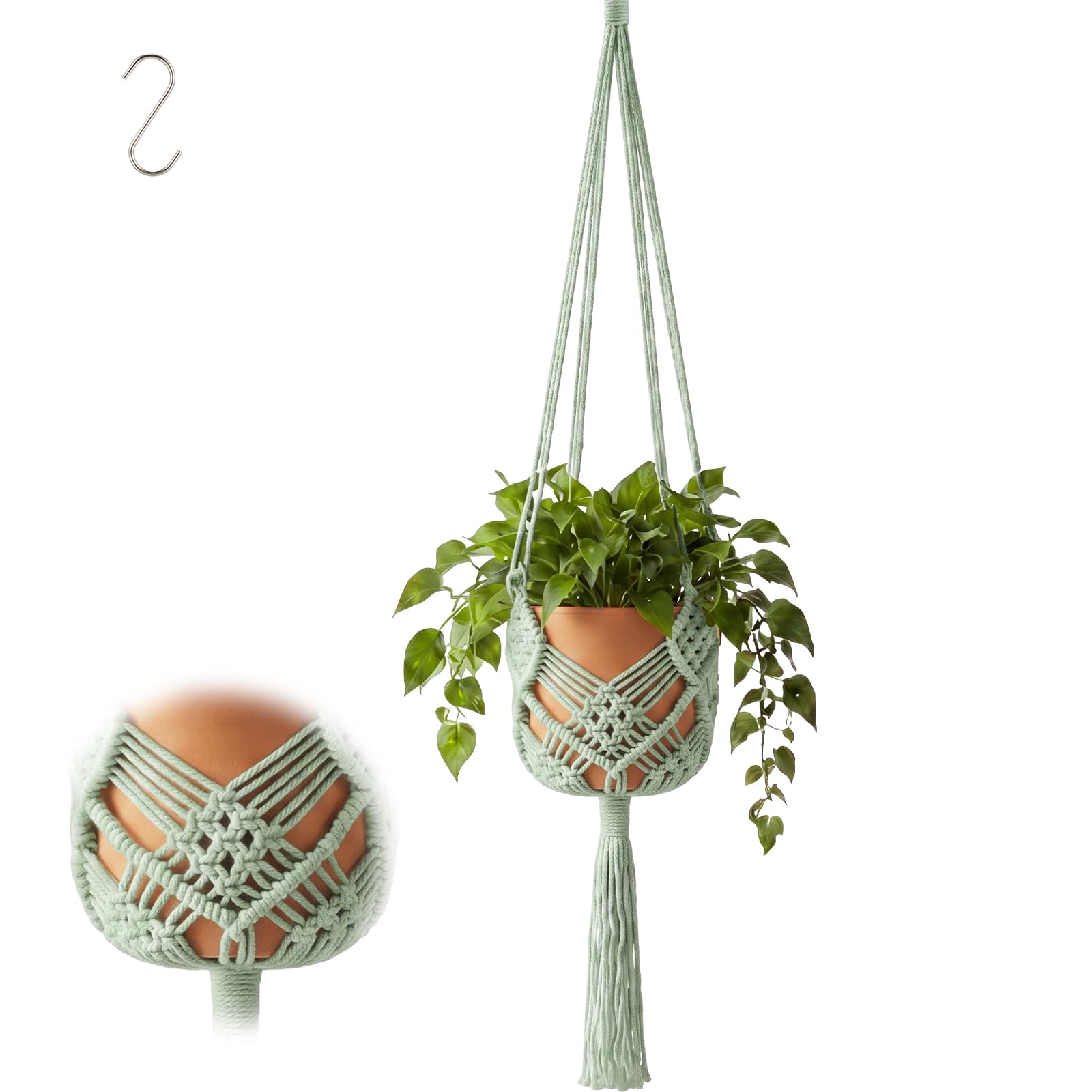 Shappy Boho Macrame Plant Hanger in sage green, front view