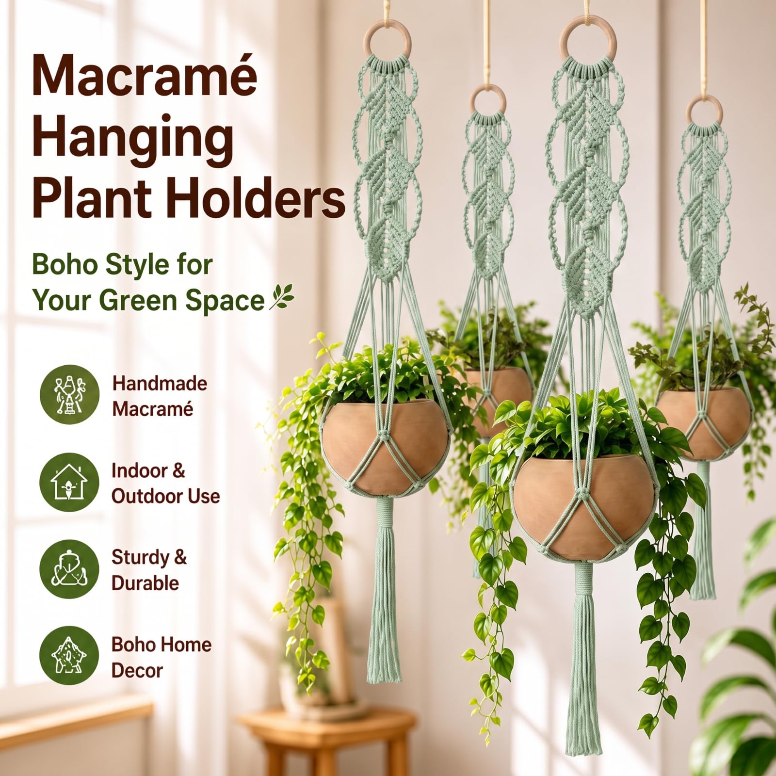 Shappy Boho Macrame Plant Hanger sage green close-up of weaving