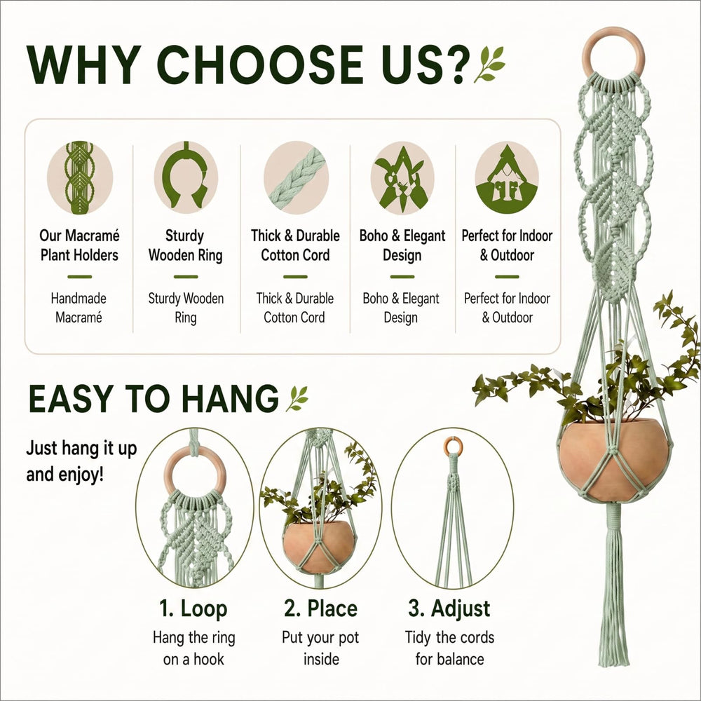 Shappy Boho Macrame Plant Hanger sage green hanging in a room