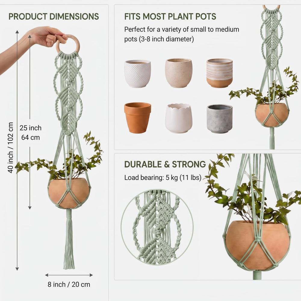 Shappy Boho Macrame Plant Hanger sage green with S-shaped hooks